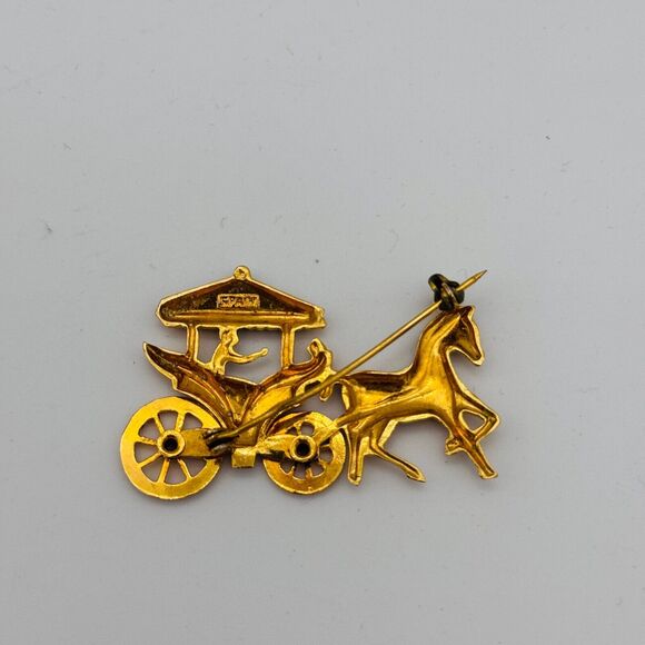 Vintage Horse Carriage Brooch Pin Gold Tone Pony Cart Made in Spain Spin Wheels - Picture 4 of 8
